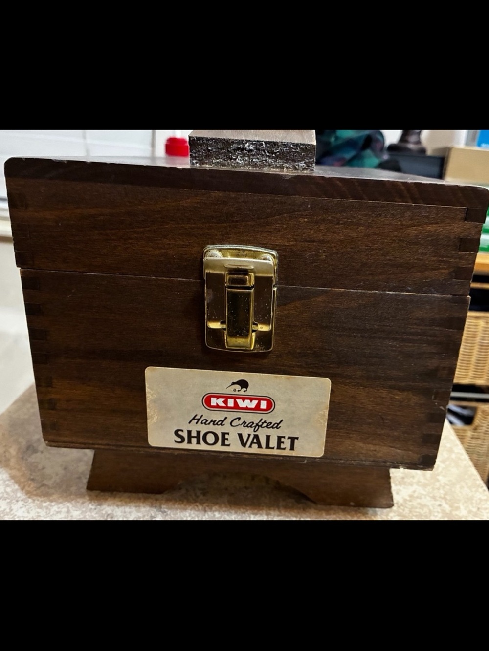 Vintage KIWI Handcrafted Wooden Shoe Valet Shine Box with Brass Clasp.